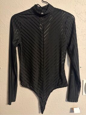 Iris Basic Black Sheer Striped Mock Neck Bodysuit Size M